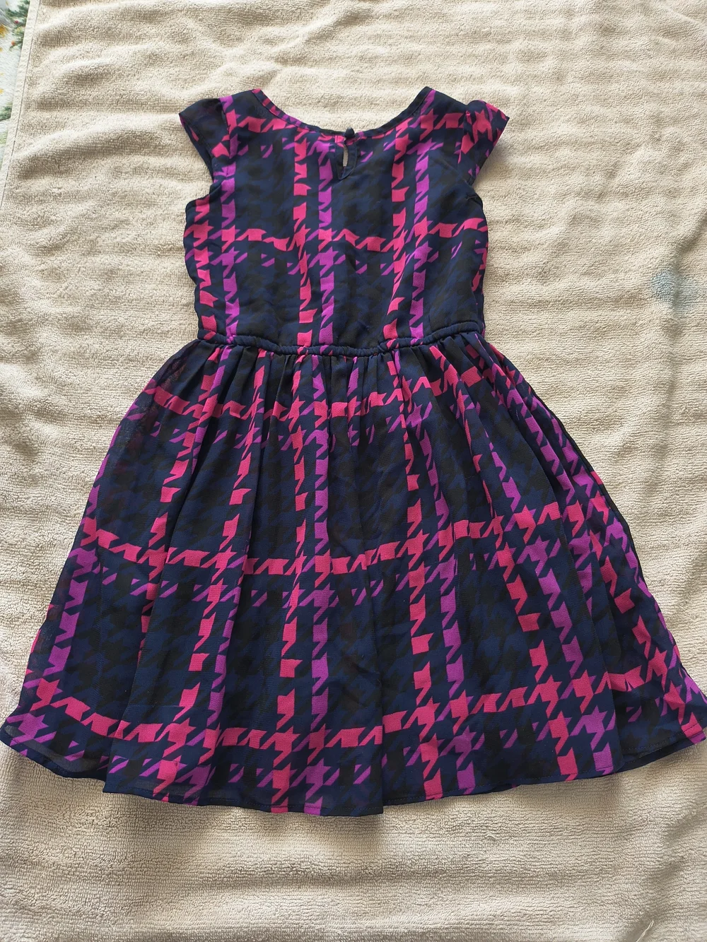 Girls Navy and Hot Pink Patterned Houndstooth Dress